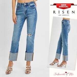 RISEN High Rise Wide Cuffed Hem Distressed Medium Wash Ankle Straight Leg Jeans